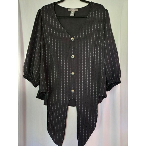 Olivia & Martin Sz 1X Peasant Boho Blouse Black/Gray Knot/Tie Front w/button - Picture 1 of 6